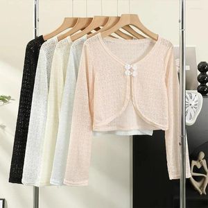 Blouses voor dames met lange mouwen gebreide gaas shirts dames vintage kledingjurk oterwear elegante zomer zonbestendige crop top vrouwen 2024