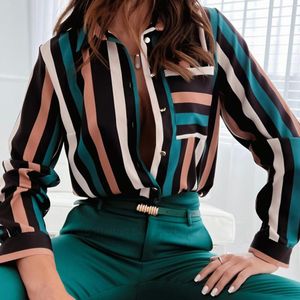 Blusas de mujer Blusa de moda con estampado de manga larga Top de verano para mujer con bolsillo Ajuste suelto Cuello vuelto Traje de dama de oficina