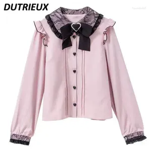 Blouses pour femmes Chemises à manches longues Chemises en dentelle douce Revers 2024 Printemps Automne Lady Tops Style japonais Lolita Bow Casual pour les femmes Blusas