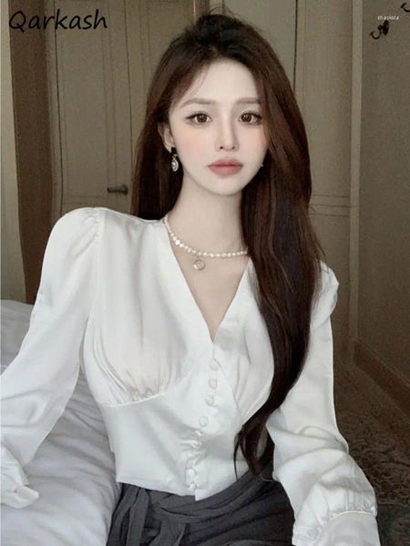 Blouses Femmes Chemises à manches longues Femmes Solide Col V Blanc Élégant Pour Dames Esthétique Crop Tops Ropa Mujer Style Coréen Minimaliste Sexy