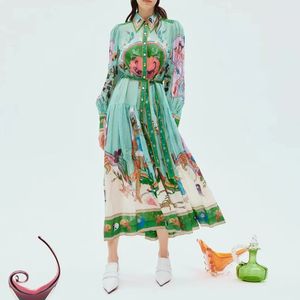 Robe chemise en lin de créateur australien, imprimé floral bleu-vert, manches longues, col à revers