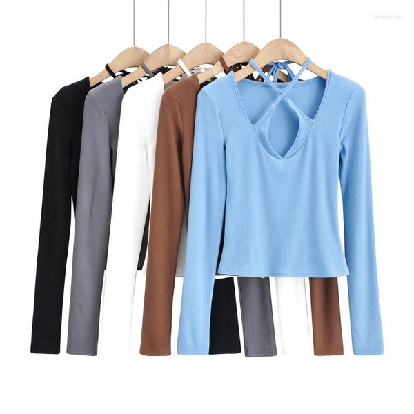 Blouses pour femmes haut à manches longues recadrée mode Sexy hauts femmes 2023 chemises décontractées élégant col croisé licou blanc marron