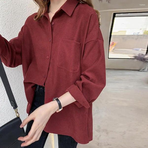 Blouses pour femmes Haut à manches longues Femmes Chemise Élégante Cardigan à manches longues à simple boutonnage avec poche plaquée doux pour Ol