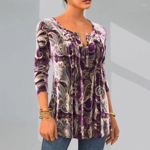 Blouses voor dames met lange mouwen Tops Vintage print ronde nek lange mouw blouse a-line zachte pullover voor herfstveer vrouwen top