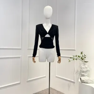 Blusas de mujer Blusos de manga larga para mujeres pliegues negros colección sexy tops moda verano otoño 2024