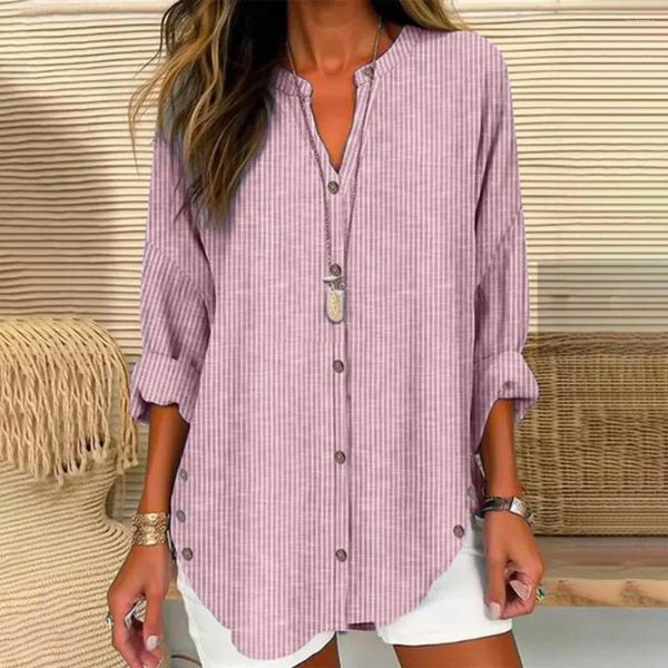 Blouses pour femmes à manches longues Blouse V-Neck Shirt Chic Striped Loose Fit pour Streetwear