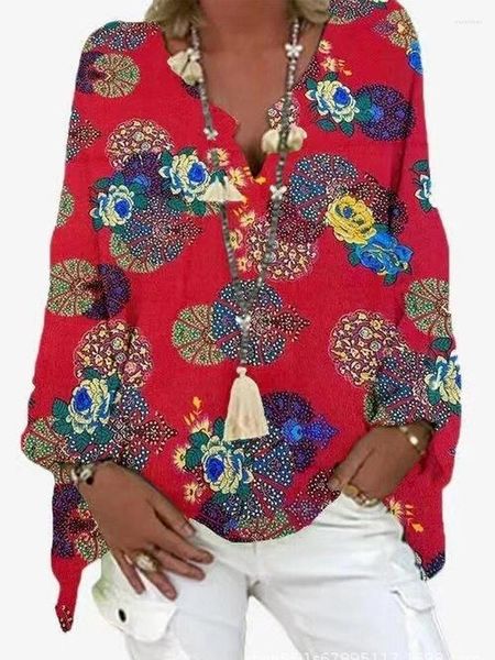 Blusas de manga larga para mujer, Tops informales para playa, blusa con estampado Floral bohemio, cuello de pico, camisas holgadas de gran tamaño para primavera y otoño, Blusas para mujer