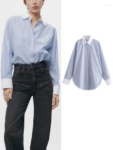 Vrouwen Blouses Losse 2023 Vrouwen Gestreepte Herfst Causale Chic Single Breasted Shirts Office Dames Lange Mouw Revers Tops