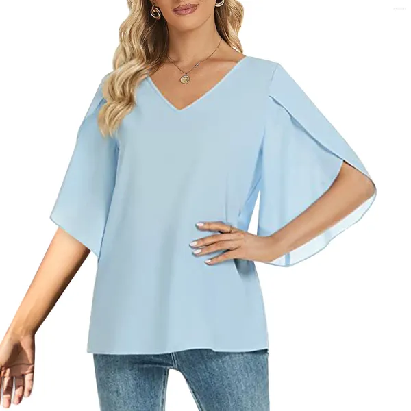 Blusas de mujer Camisas de algodón de manga larga con cuello en V sueltas y cómodas para mujer Paquete de camisetas para correr Lindo top de verano