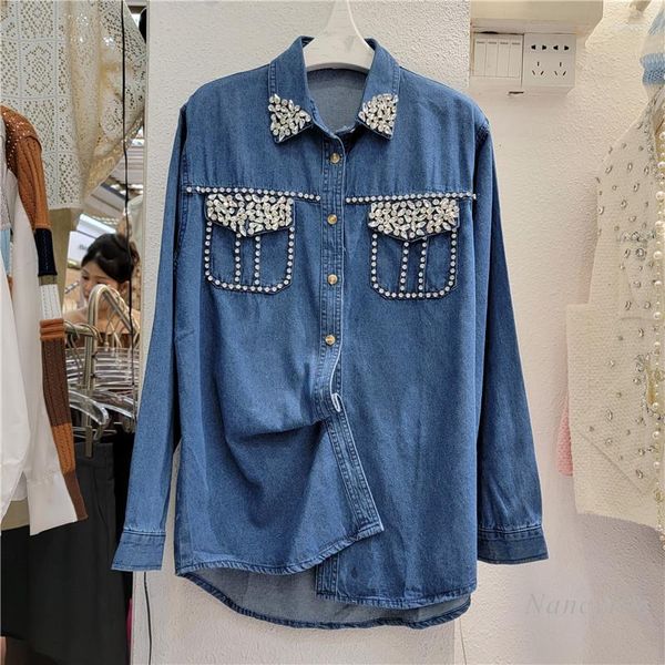 Chemisiers pour femmes en vrac bleu chemise en jean pour femmes 2023 automne tissu Style coréen col tournant simple boutonnage industrie lourde strass Blusas