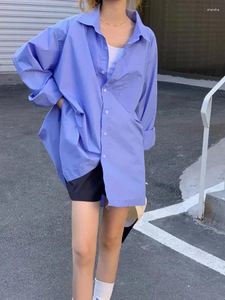 Blouses Femme Lâche Chicly Blouse Femme Rue Casual Cool Boyfriend Blanc Bleu Chemise Poche S-L Coréen Mi-long Harajuku Femmes Chemises