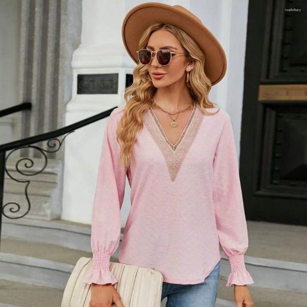 Blouses pour femmes Loose Top Puff Sleeve T-shirt Femme Élégante Brois de patchwork à col élégant