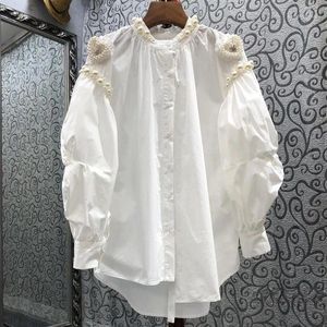 Women's Blouses los Long White Blouse For Women 2024 Spring Love Beads Lantern Sleeve Shirt European and American Style Top Shirts Blusas