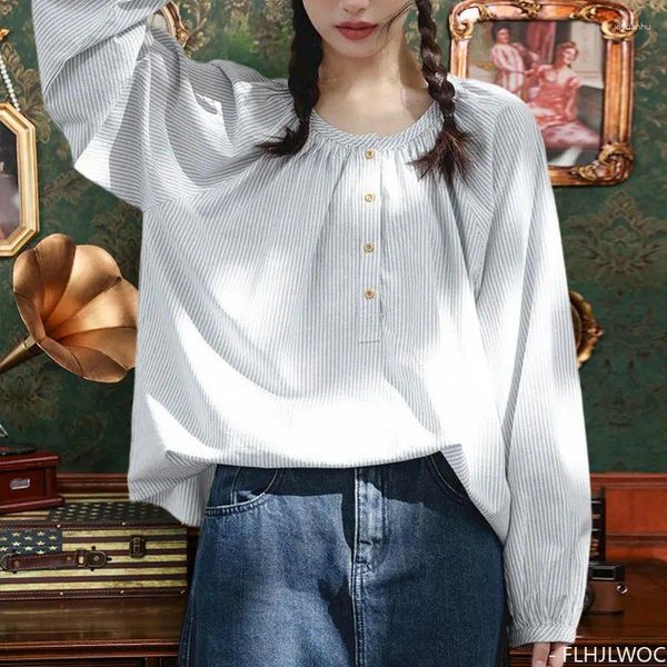 Blouses pour femmes Tops amples Blusas S 2024 Printemps Femmes Mignonnes Filles Douces Casual Simple Boutonnage Bouton Rétro Vintage Coton Chemises