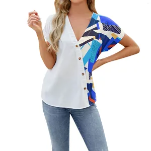 Damesblouses losse v-hals streetwear korte mouw knop vintage print zomerblouse top voor dames elegante tunieken oversized tops