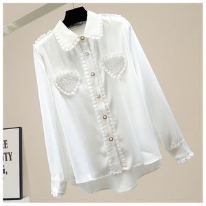 Blusas de mujeres amor al corazón perlas Beading Ruffles Patchwork Black Blanco Blanco Otoño Corea Corea Elegante Camisa de Manga Long Satin 2023