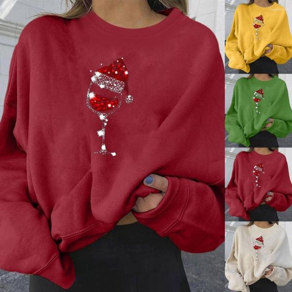 Blusas de mujer Encantadora sudadera informal Cuello redondo Grueso Piel táctil Brillante Copa de vino Estampado Navidad