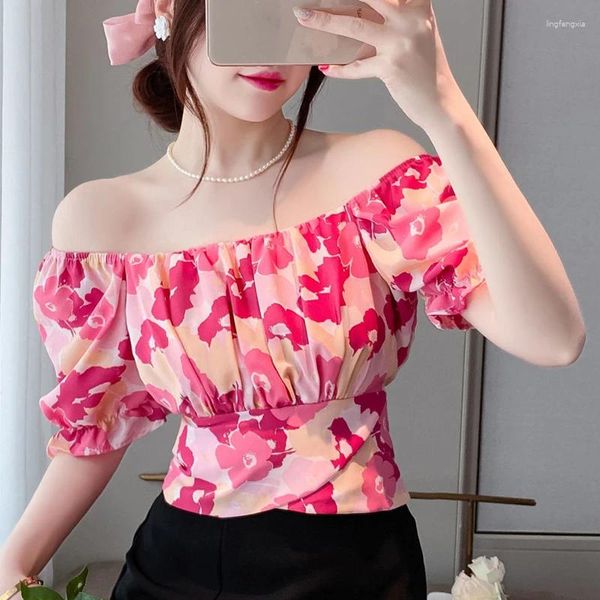 Blusas de mujer Lucyever 2024 Blusa de gasa con estampado de verano para mujer Camisas recortadas con vendaje de cuello cuadrado coreano Mujer Manga corta fruncida blanca