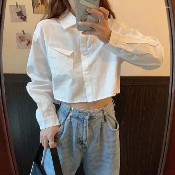Chemisiers pour femmes Lucyever All-match Chemises blanches pour femmes Daily BF College Pockets Cropped Blouse Tops Girl Casual Solid Simple Clothing