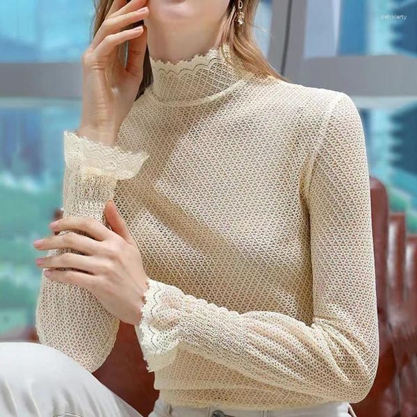 Blusas para mujeres Lucyever Fashion Lace Turtleneck Blusy Women Sexy Hollow Out A través de camisas Mujer Corea delgada Corea