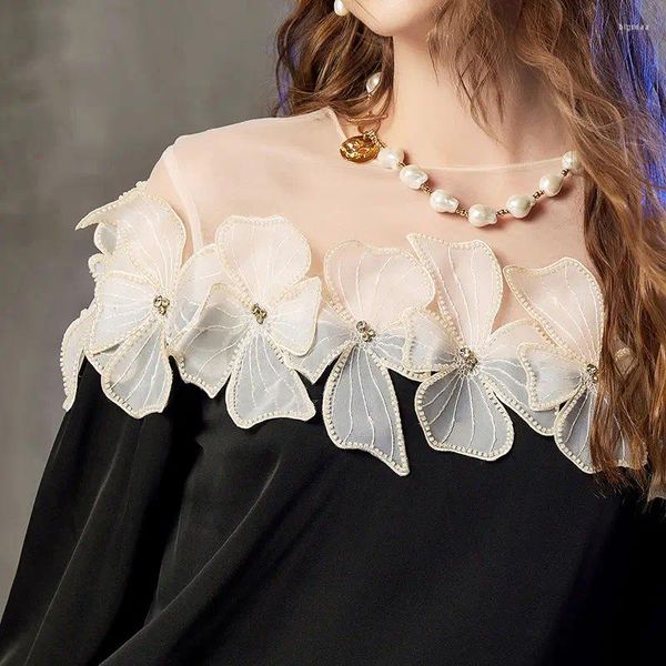 Blouses pour femmes luxe 3d fleurs perlées broderies coutures en maille chemises satin longues à manches à manches longues diamants épissés ol
