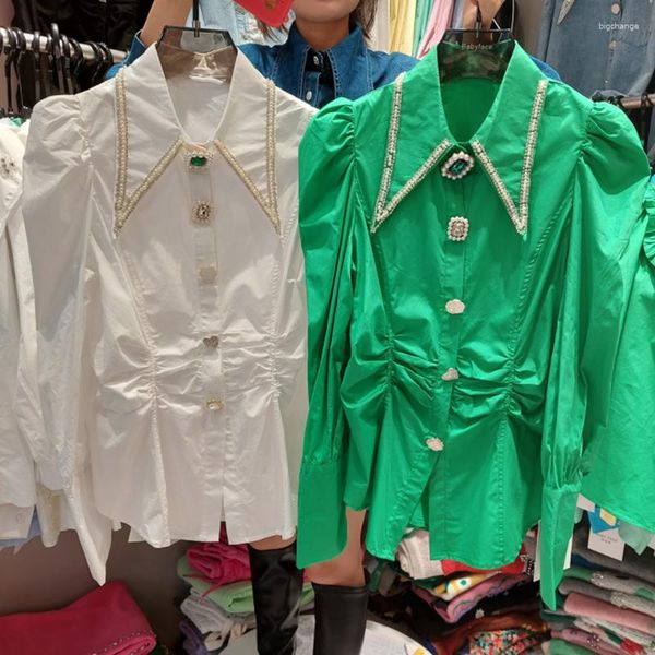 Blusas de mujer Industria de lujo Collar con incrustaciones de diamantes Joya Botón Camisa verde Capas Color sólido Primavera