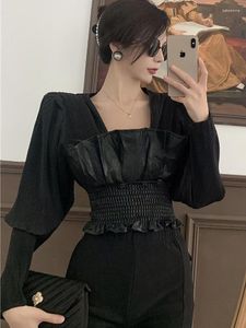 Damesblouses Luxe Leer Corduroy Jeugd Elegante blouse met pofmouwen Koreaanse herfst Cropped lang shirt Top Slank 2023 Mode