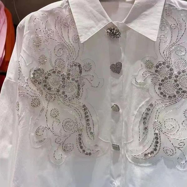 Blusas de mujer, camisas de algodón blanco con lentejuelas de lujo y ropa juvenil, Top holgado informal elegante para mujer 2024