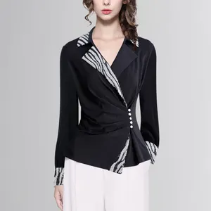 Blouses voor dames luxe lovertjes vrouwen met lange mouw rapelkraag zwart shirt 2024 lente zomer tops elegante asymmetrische cinched taille