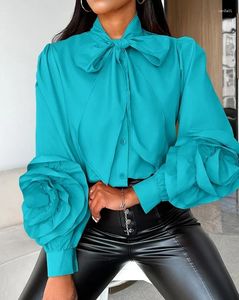 Blouses Femmes Chemises de luxe Femmes Motif Floral Tie Neck Top 2024 Début Printemps Dernière Couleur Solide Simple Style Élégant Manches Longues