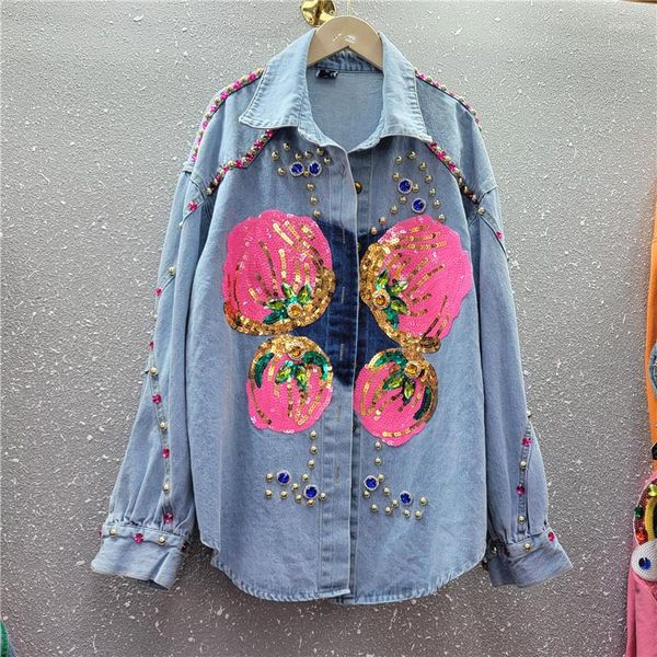 Blusas de mujer Mujeres de lujo Diamantes con cuentas Camisas de mezclilla Chaqueta Bordado floral Lentejuelas Jeans Abrigo Rhinestones Remaches Cardigan Tops