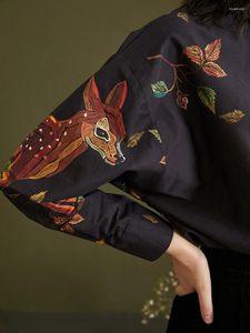 Blouses pour femmes Lynette Chinoiserie printemps automne conception originale conception de femmes à feuilles imprimées contraste en vrac noire coton dtnd