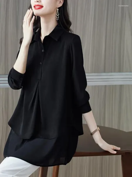 Blouses Femmes M-3XL 2024 Femmes Style Européen Mode Élégant Bureau Lady Travail Bouton Chemise Casual Tunique Noire Peplum Top LJ236