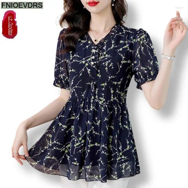 Blusas para mujeres M-4XL Ropa suelta 2024 Summer Ruffles Tops Camina corta Mujeres Contabilidad básica Oficina Flor Floral Floral Peplum Camisetas