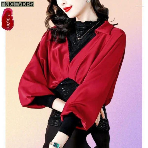 Blusas para mujeres M-4XL Red Green Bling Tops Women Winter Basic Wear Basic Turtleneck Collar Retro Vintage Diseño Francés Peplum