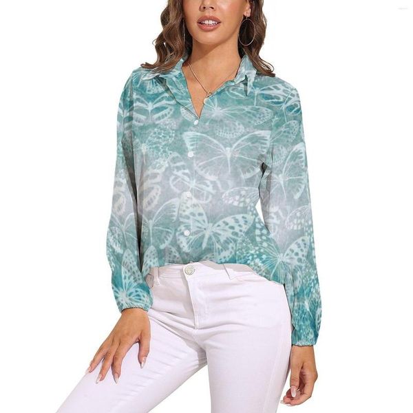 Blusas de mujer, blusa de mariposa de mármol, estampado de animales de acuarela, diseño bonito, camisa informal de manga larga para mujer, Top de gran tamaño para primavera