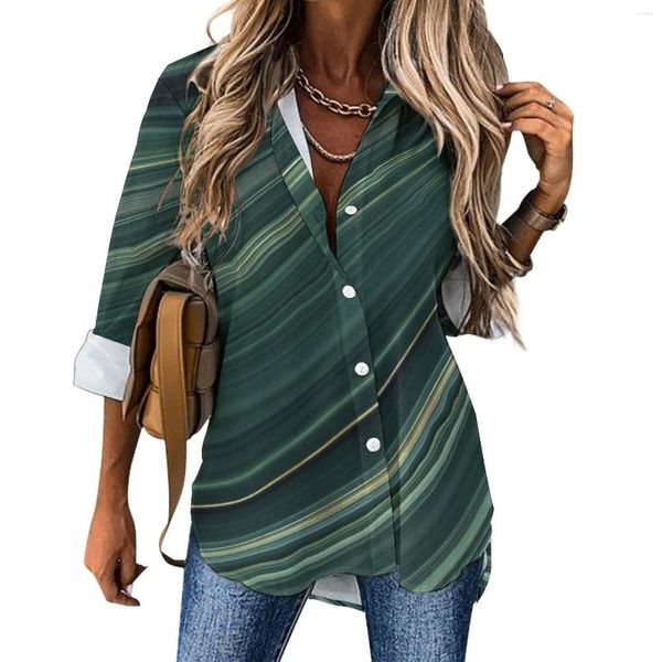 Blusas de mujer, blusa informal con estampado de mármol, patrón estético líquido verde, camisa de calle de manga larga para mujer, Top de gran tamaño de otoño