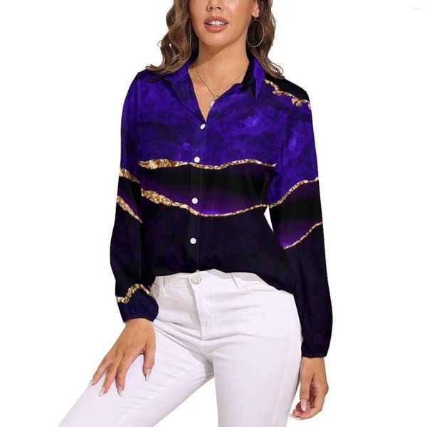 Blouses pour femmes imprimé marbre chemisier ample violet et or Style de rue surdimensionné femmes à manches longues chemise mignonne printemps Design hauts