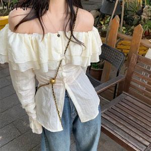 Blusas de Mujer Matakawa Slash Neck mujeres Tops volantes sólidos Primavera Verano Vintage Blusas Mujer moda coreana camisas dulces elegantes