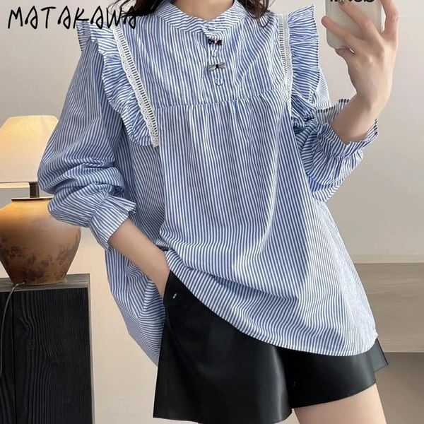 Blans des femmes Matakawa Stripes ShirtsBlouses Ruffles Fashion Korean Printemps Autumn Femmes Tops Collier Sweet Elegant Kawaii Blusas