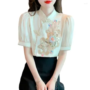 Blouses pour femmes jupe à face cheval assortie Blouse à manches courtes Boucle de style chinois Elegant broderie perlé d'été.