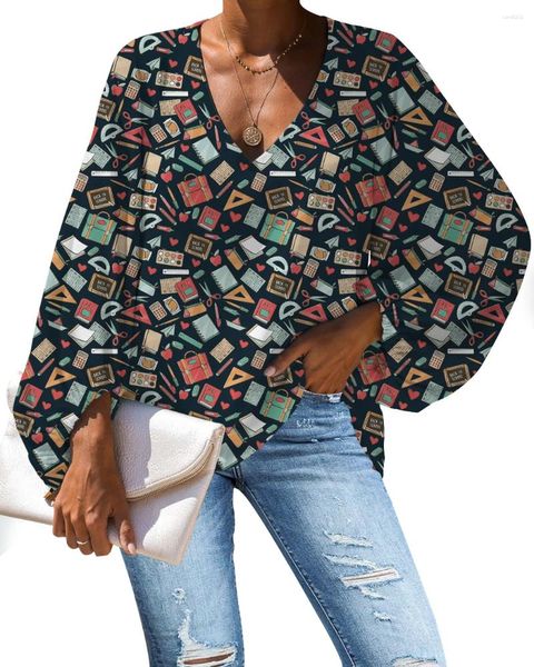Blusas de mujer Blusa de gasa con patrón matemático para mujer verano 2024 Blusas mujer Casual linterna manga larga Tops sueltos cuello en V camisas de mujer