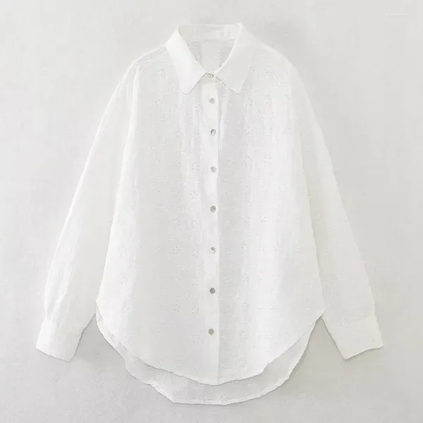 Blusas de mujer Maxdutti 2023 otoño francés elegante camisa de algodón señoras bordado hueco blanco casual blusa de manga larga top mujeres