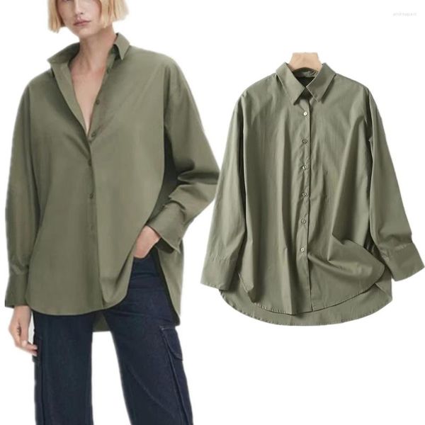 Blouses Femmes Maxdutti 2023 Automne Manches longues Français Country Blouse Femmes Tops Style Paresseux Armée Vert Coton Chemise Mode Simple