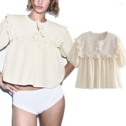 Blusas de mujer Maxdutti 2023 Blusa Mujer Otoño Moda Beige Camisa de encaje Francés Elegante Costura Punto Top