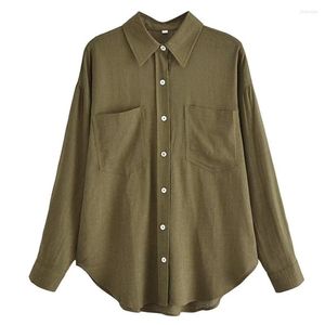 Women's Blousses Maxdutti Bouse Women Country Style Forens Casual linnen shirt Leger Green Solid Solid Colo Fashionr Pocket Ladies Top