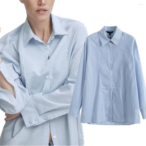 Blouses pour femmes Maxdutti couture française rétro chemise à rayures bleues 2023 automne style petit ami à manches longues mode coton ample