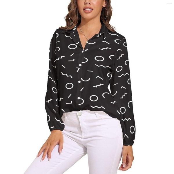 Blusas de mujer estilo Memphis blusa patrón abstracto negro estampado divertido mujer camisas casuales de manga larga ropa de gran tamaño de primavera
