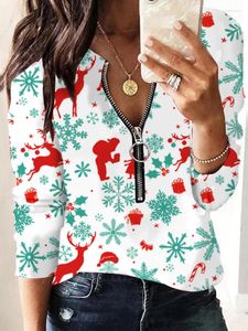 Blouses Femmes Joyeux Noël Fille Imprimer Vêtements À Manches Longues Femmes V Cou Printemps Été Slim Tops Chic Femme Fête Zipper Patchwork