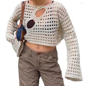 Chemisiers pour femmes Mesh Net évider Cropped Knit Smock Top O-cou Flare Manches Longues Crochet Pulls Coupe Ample Cover Up Chic Blouse